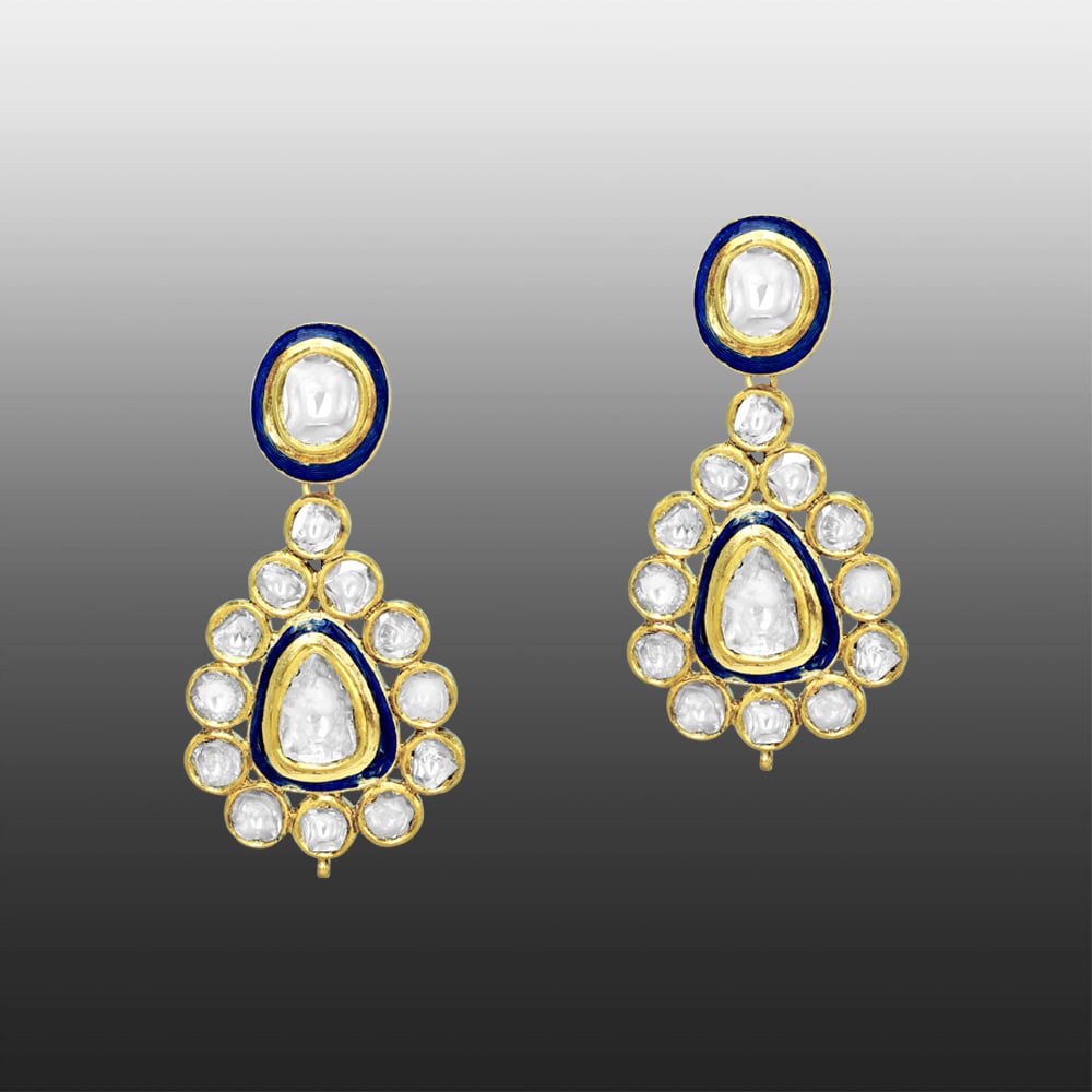 Polki Necklace Set with Blue Enamel and Matching Drop Earrings